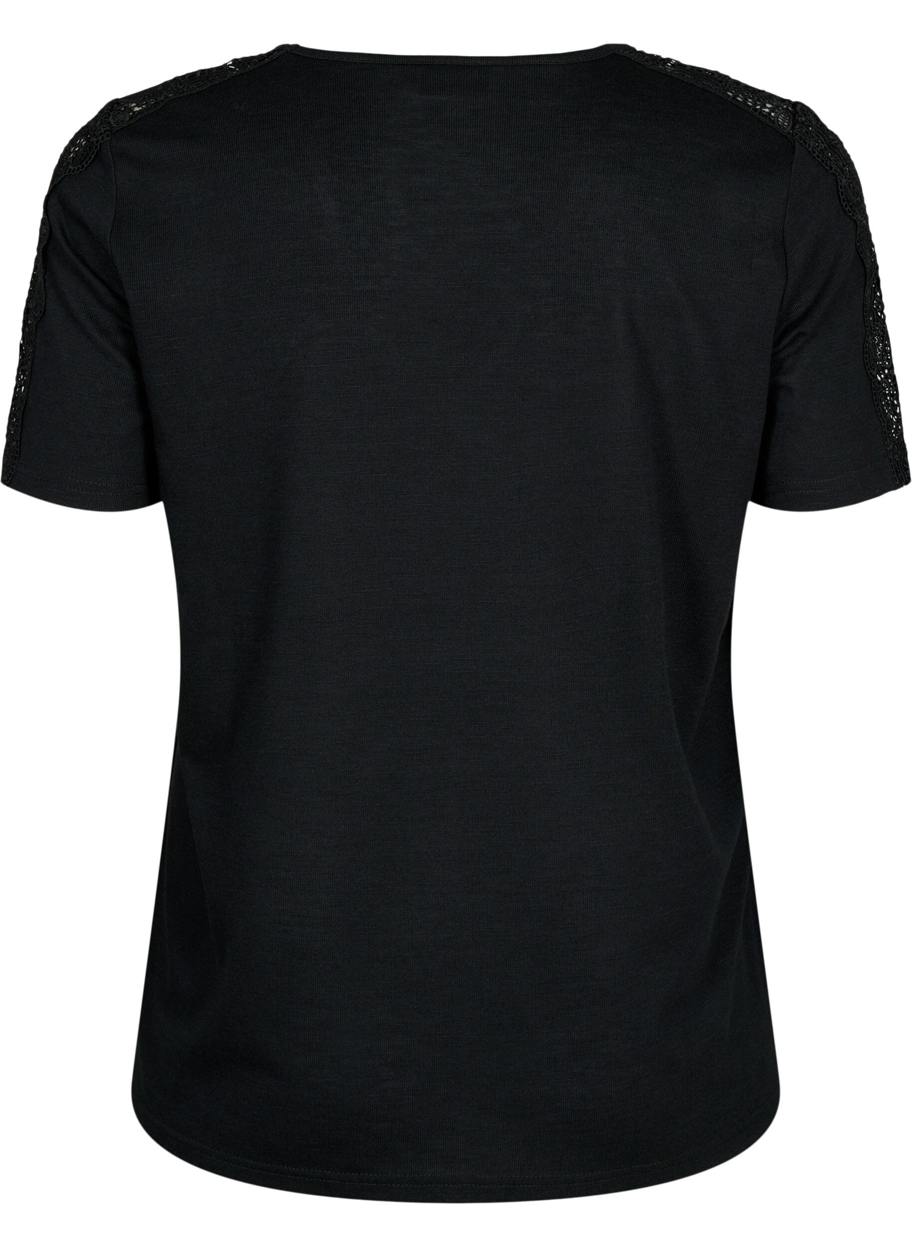 Zizzifashion Short-sleeved blouse with lace and v-neck, Black, Packshot image number 1