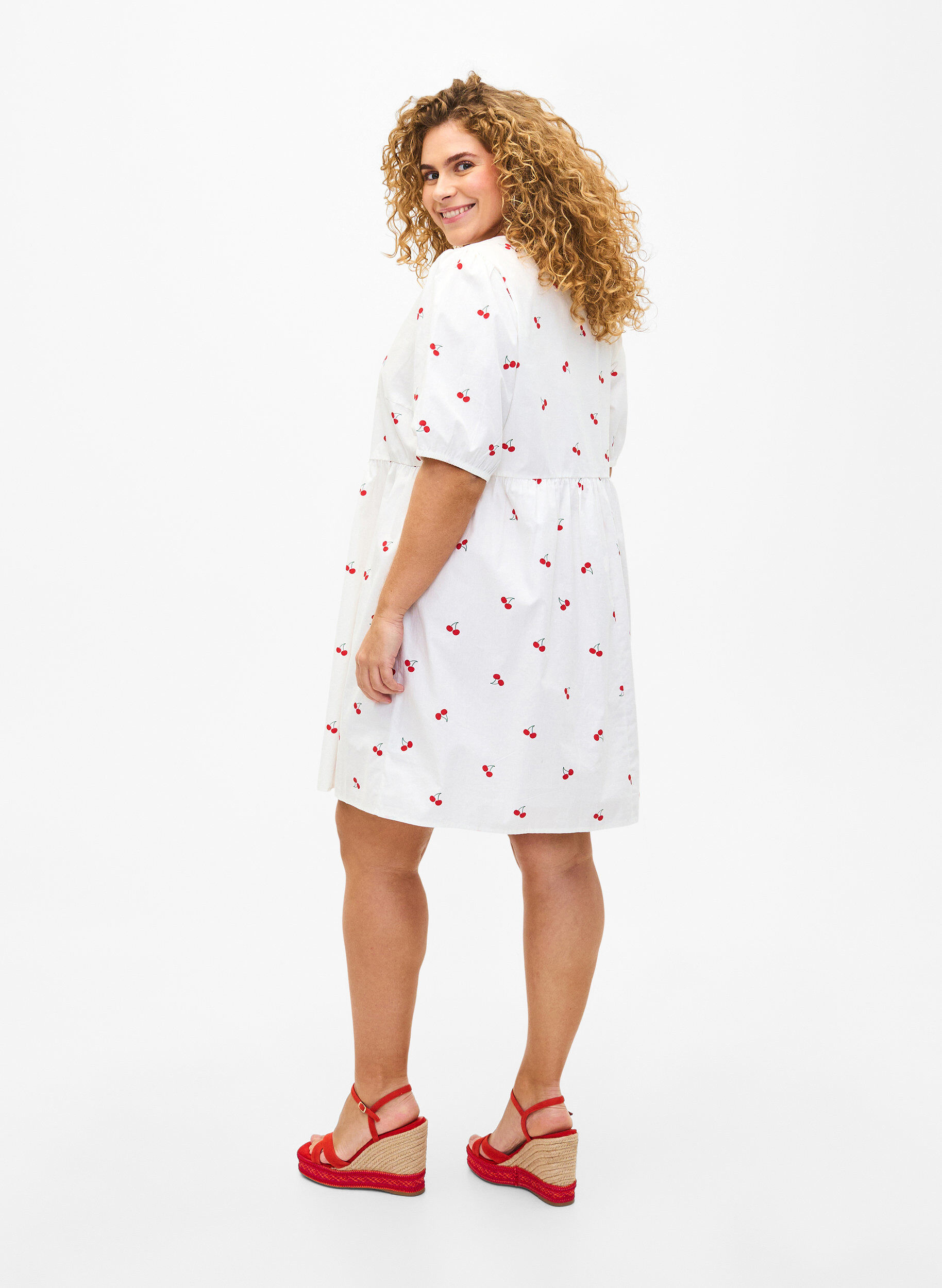 Zizzifashion Dress with cherry print and a-shape, B. White/Cherry, Model image number 1