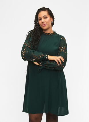Viscose dress with crochet sleeves, Scarab, Model image number 0