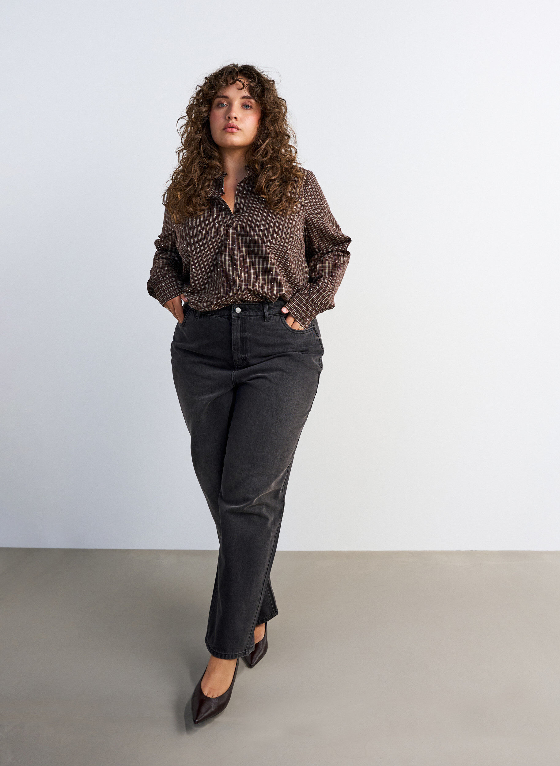 ZizzifashionChecked shirt with rhinestones, Brown, Model image number 1