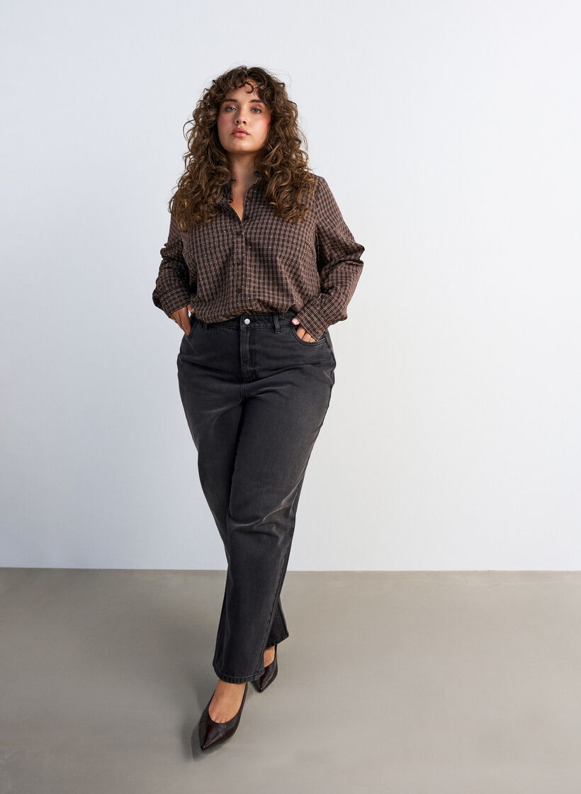 Checked shirt with rhinestones, Brown, Model image number 1