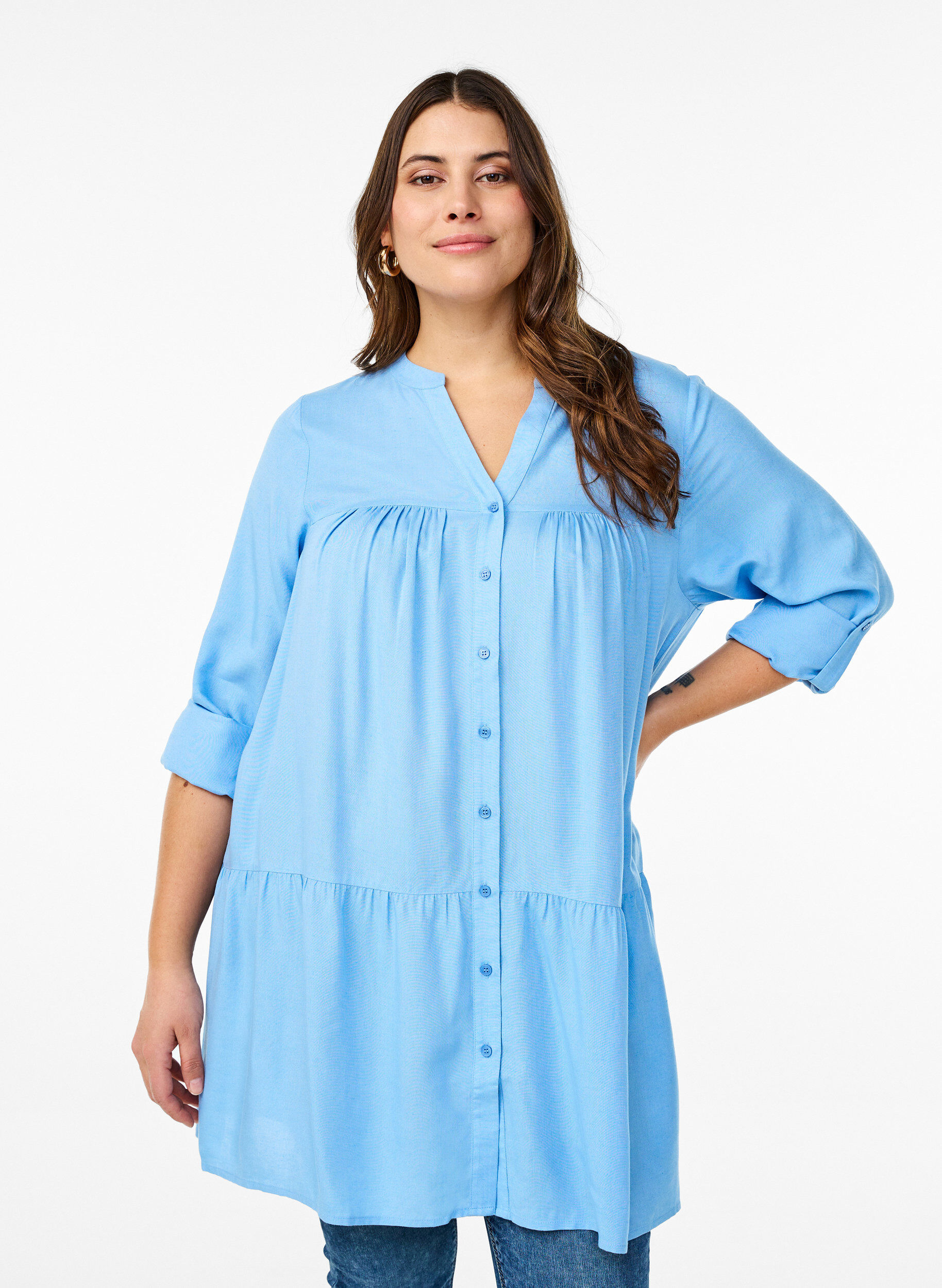 Zizzifashion Tunic with V-neckline and gathered details, Light Blue, Model image number 0