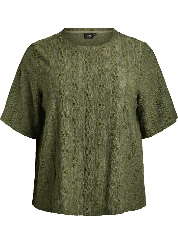 Blouse with textured pattern and short sleeves, Green, Packshot image number 0