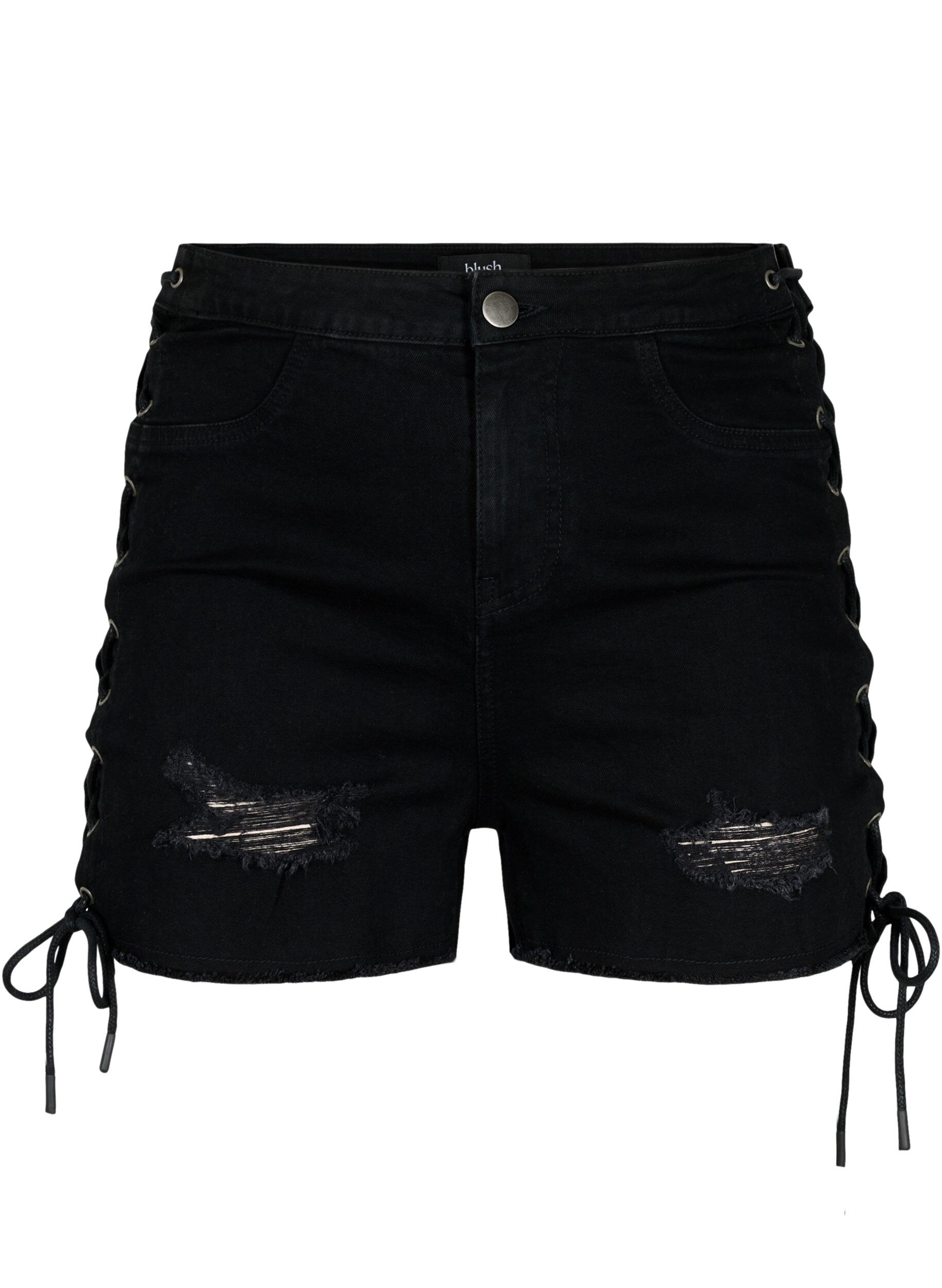 Zizzifashion Ripped denim shorts with drawstring waistband, Black Denim, Packshot image number 0