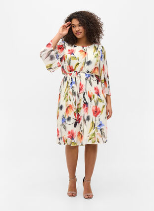Printed pleated dress with tie string, Snow White AOP, Model image number 2