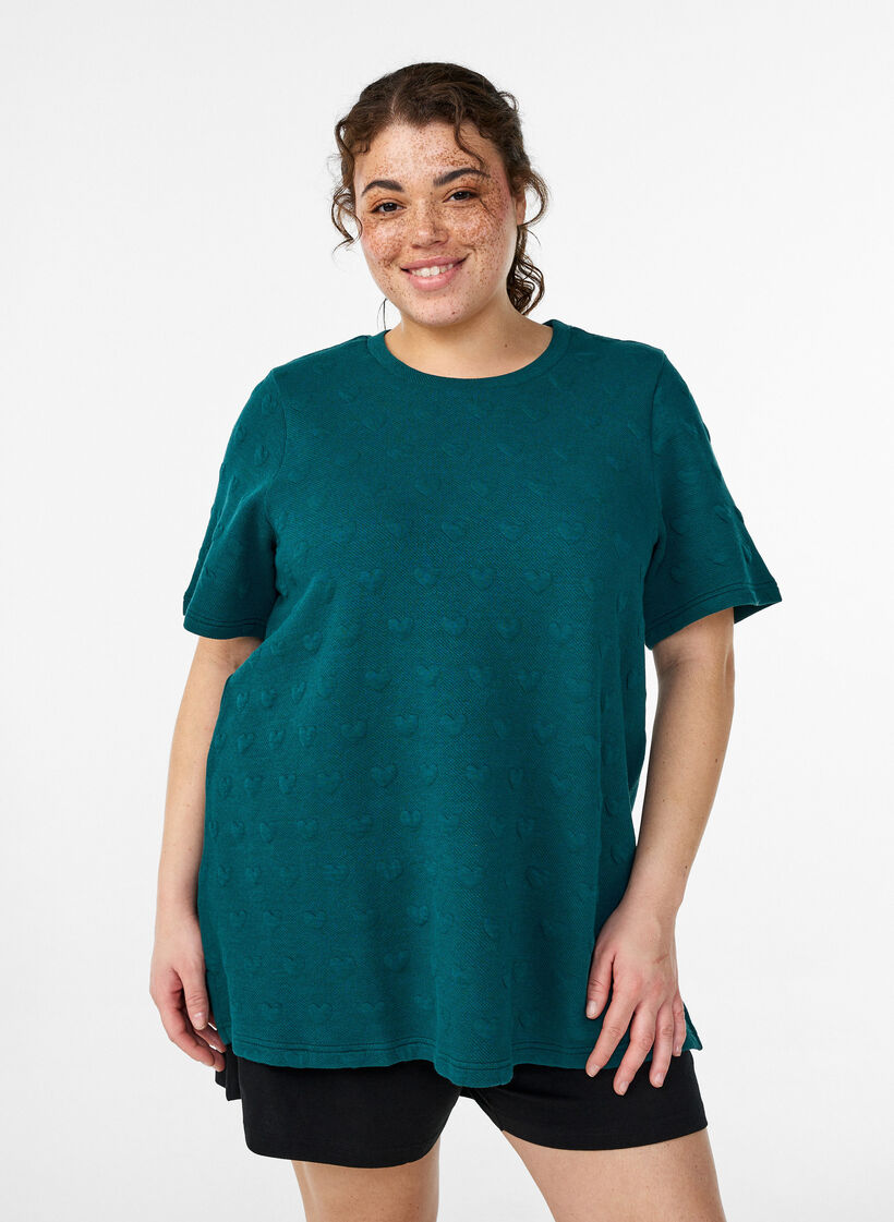 T-shirt in embossed cotton jersey, Green, Model image number 0