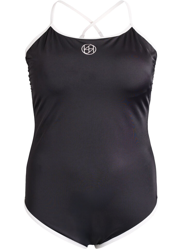 Sports swimsuit with contrast trim and criss-cross straps, Black, Packshot image number 0