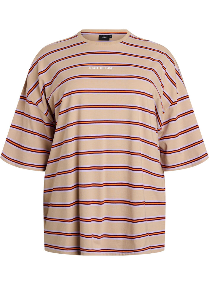 Oversized T-shirt with stripes and 1/2 sleeves, Beige, Packshot image number 0