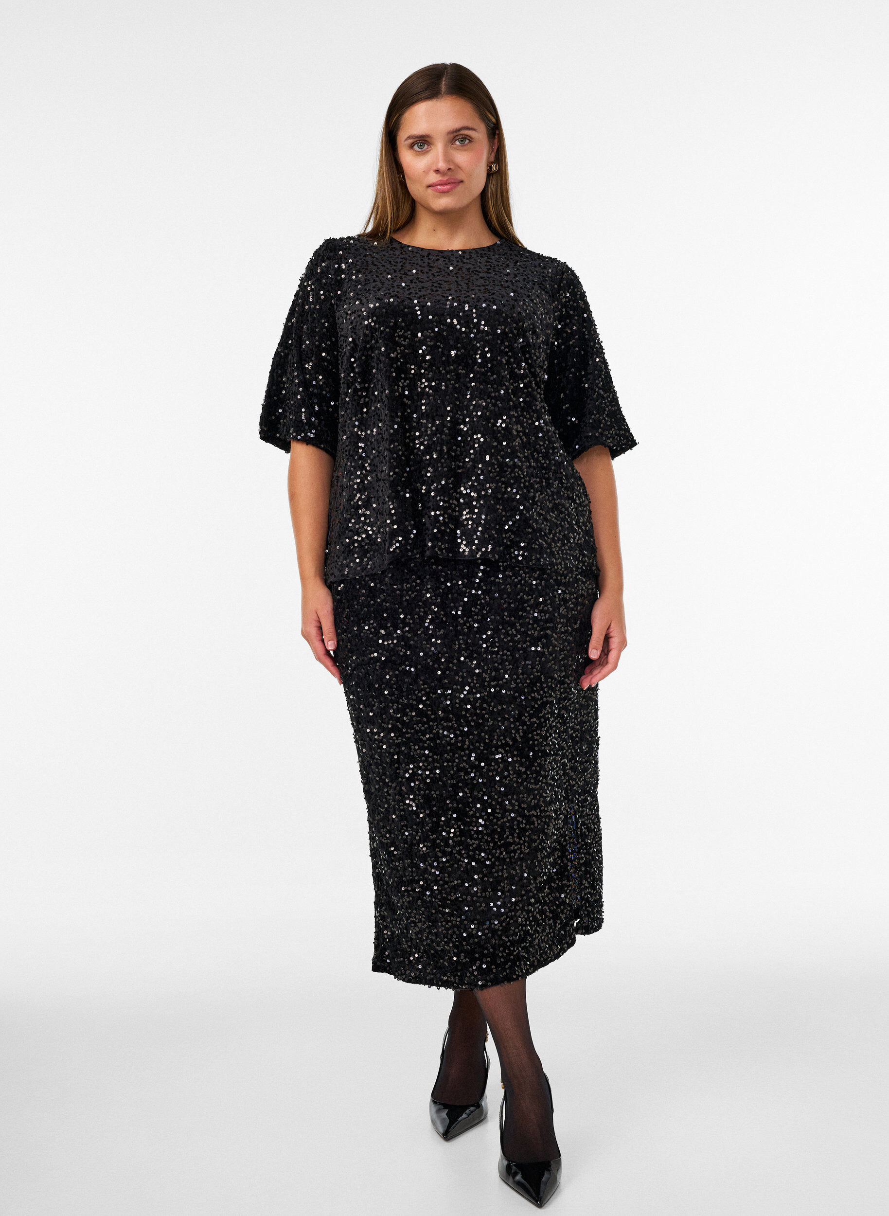 ZizzifashionMidi skirt with sequins and slits, Black, Model image number 0