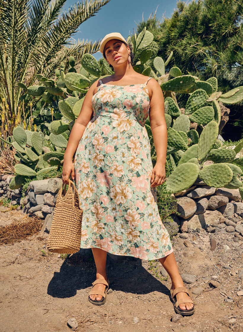 Floral viscose strap dress with smocking, Green Flower, Image image number 0