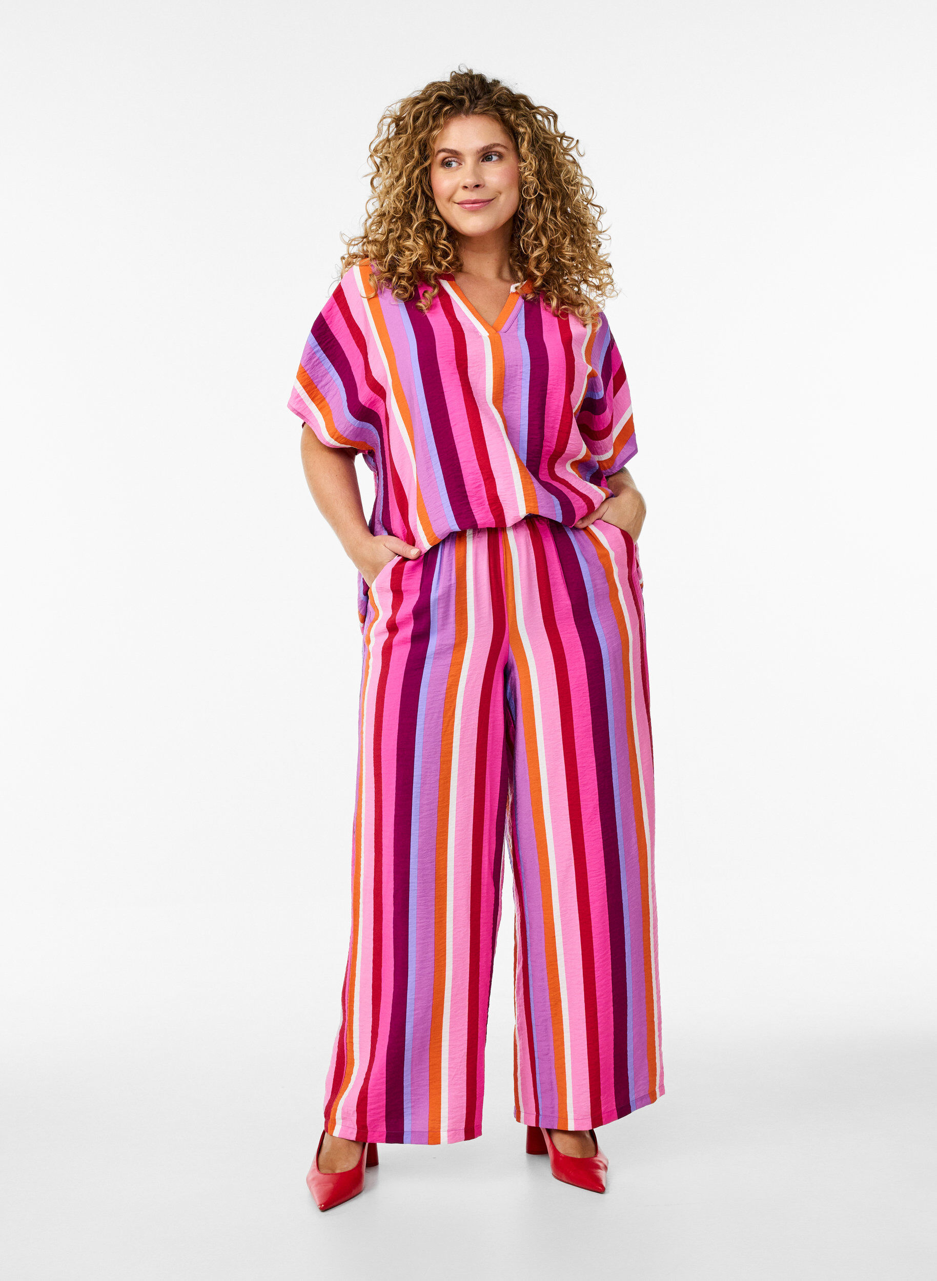 Zizzifashion Striped viscose blouse with short sleeves, Pink, Model image number 1