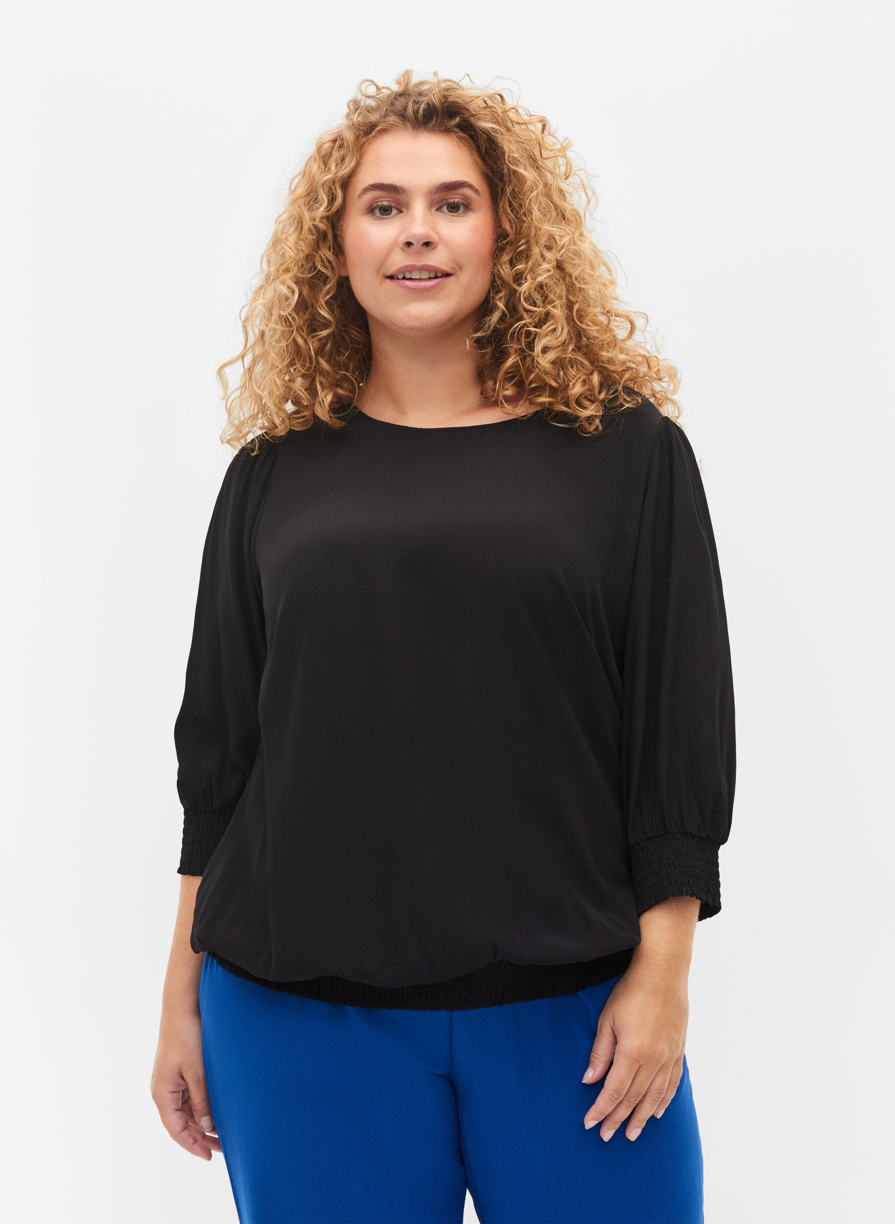 Zizzifashion Solid-coloured viscose blouse with a balloon effect, Black, Model image number 0
