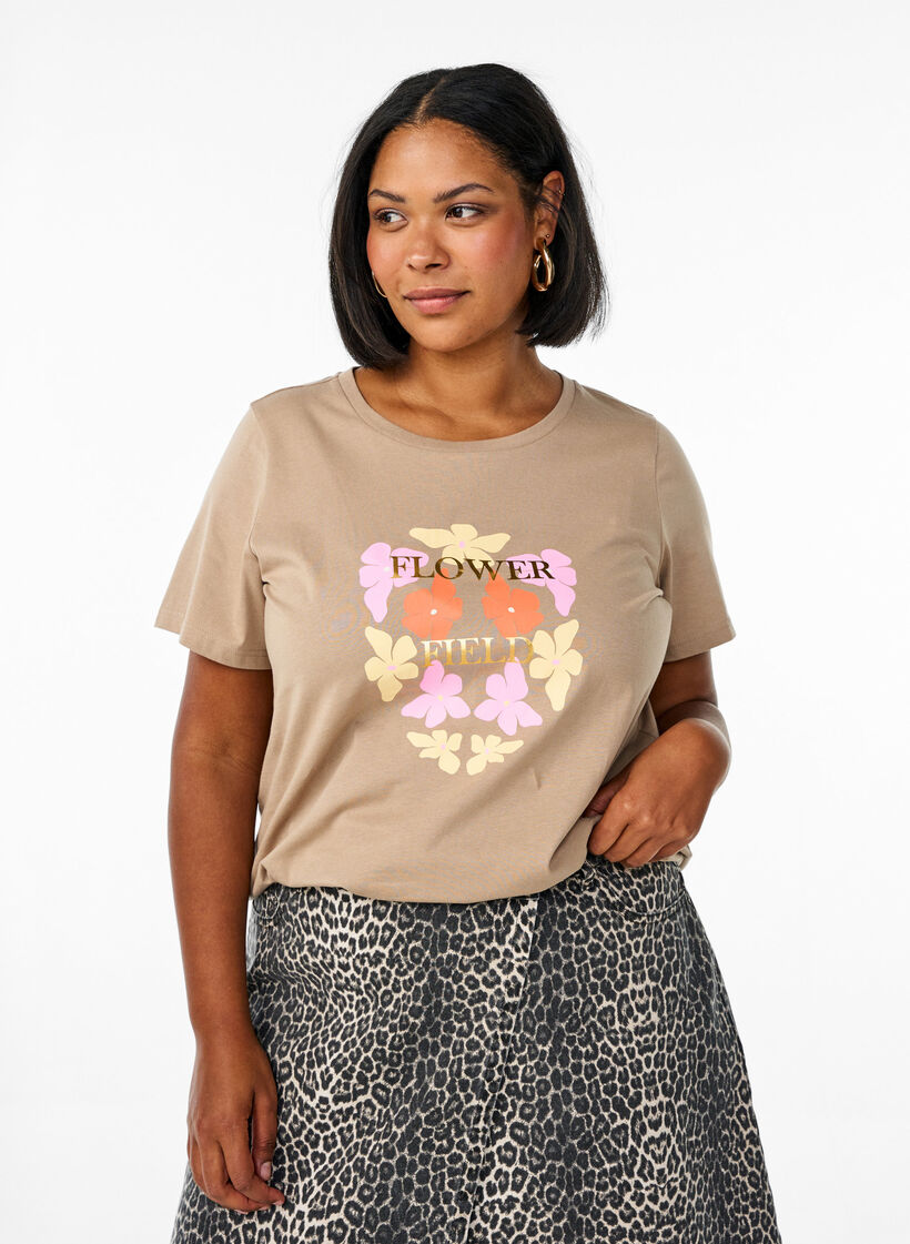 T-shirt with floral print detail, Beige, Model image number 0