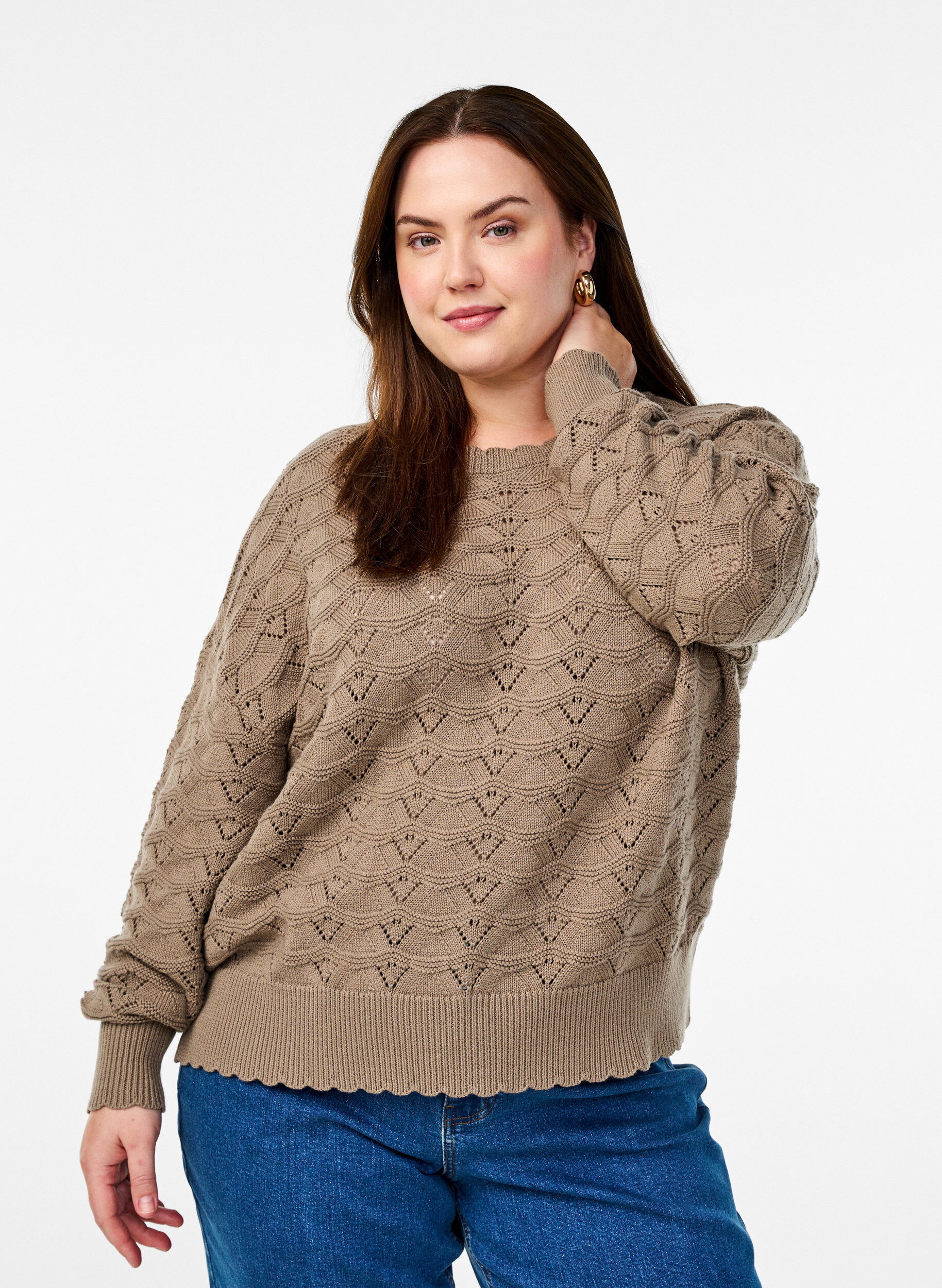Zizzifashion Long-sleeved knit blouse with an openwork pattern, Desert Taupe, Model image number 0