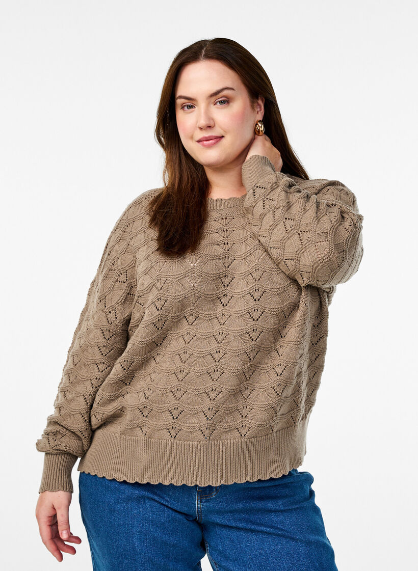 Long-sleeved knit blouse with an openwork pattern, Desert Taupe, Model image number 0