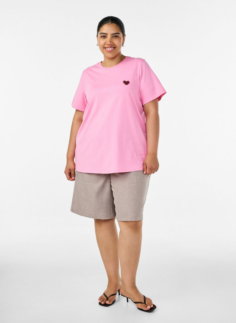 T-shirt with a sequin heart and colourful back print, Pink, Model image number 1