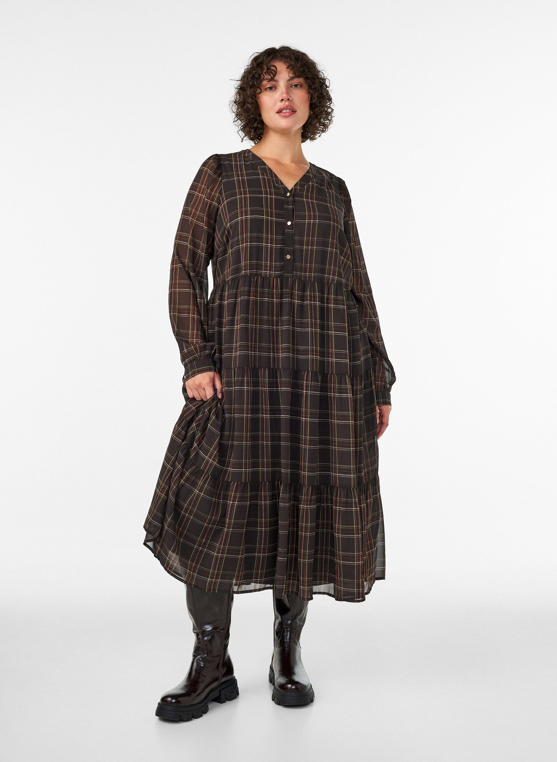 ZizzifashionChecked midi dress with a tiered skirt, Brown, Model image number 0