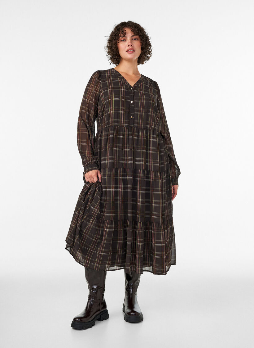 Checked midi dress with a tiered skirt, Brown, Model image number 0