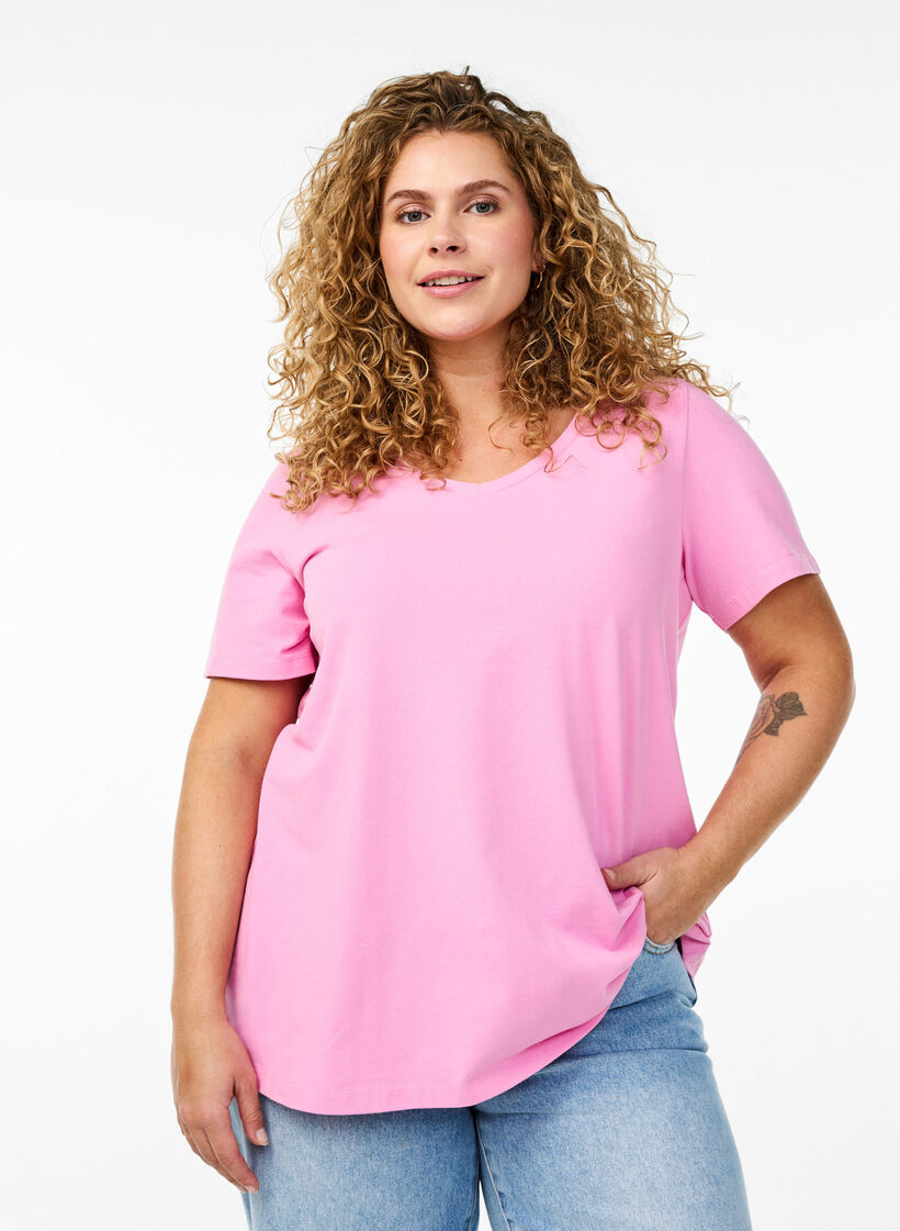 Solid-coloured basic cotton T-shirt, Pink, Model image number 0