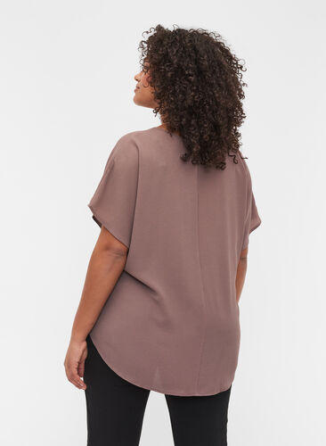 Blouse with short sleeves and a round neckline, Deep Taupe, Model image number 1