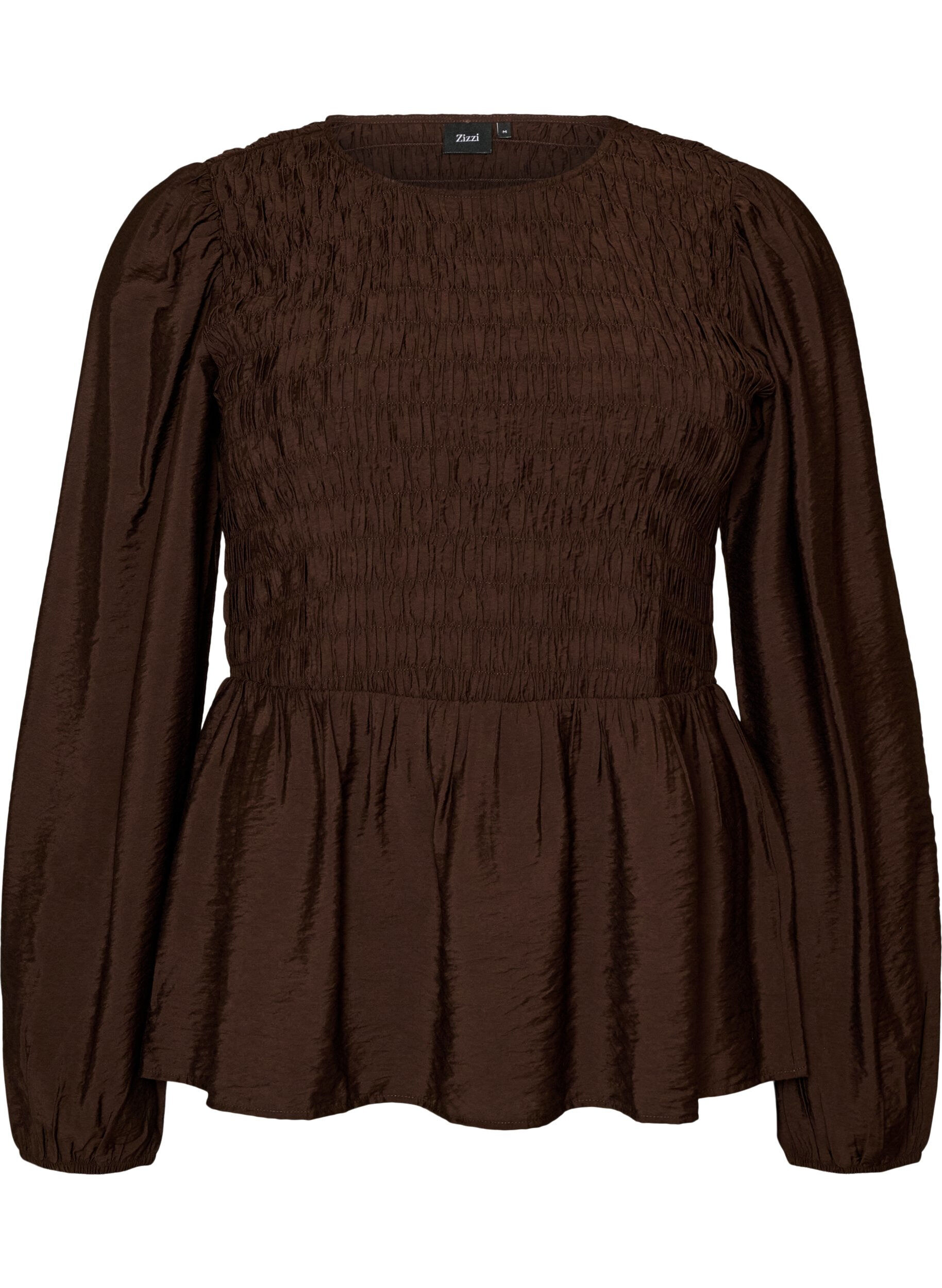 ZizzifashionBlouse with smock and long sleeves, Brown, Packshot image number 0