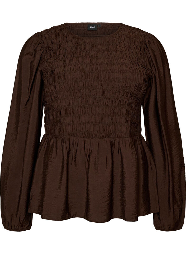 Blouse with smock and long sleeves, Brown, Packshot image number 0