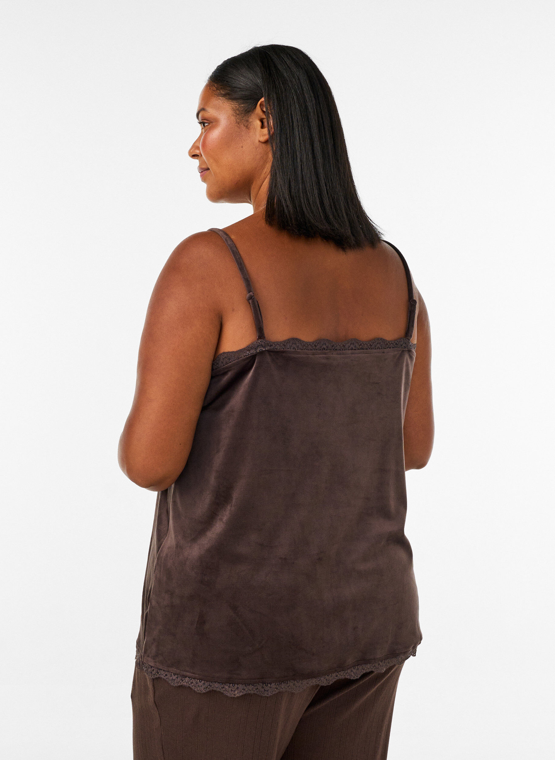 ZizzifashionVelour top with lace trim, Brown, Model image number 2