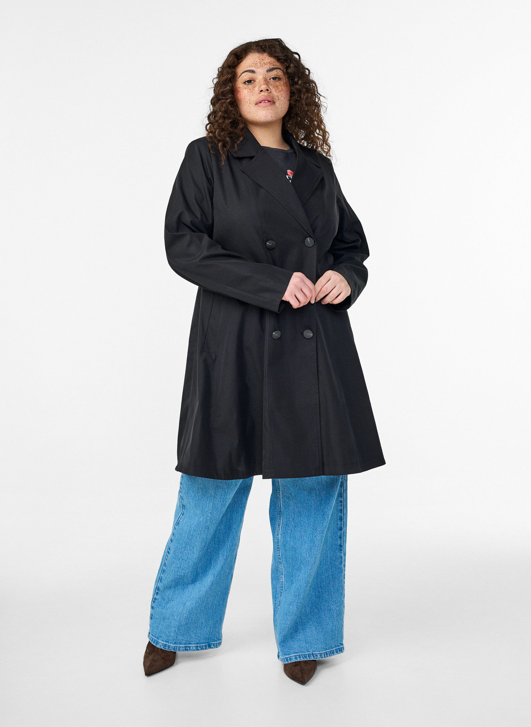 Zizzifashion A-line spring coat with double-breasted fastening, Black, Model image number 1