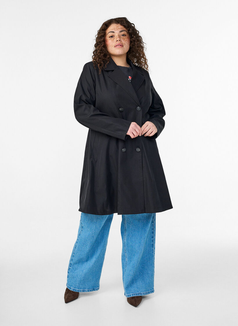 A-line spring coat with double-breasted fastening, Black, Model image number 1