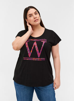 Cotton T-shirt with colourful print, Black W, Model image number 0