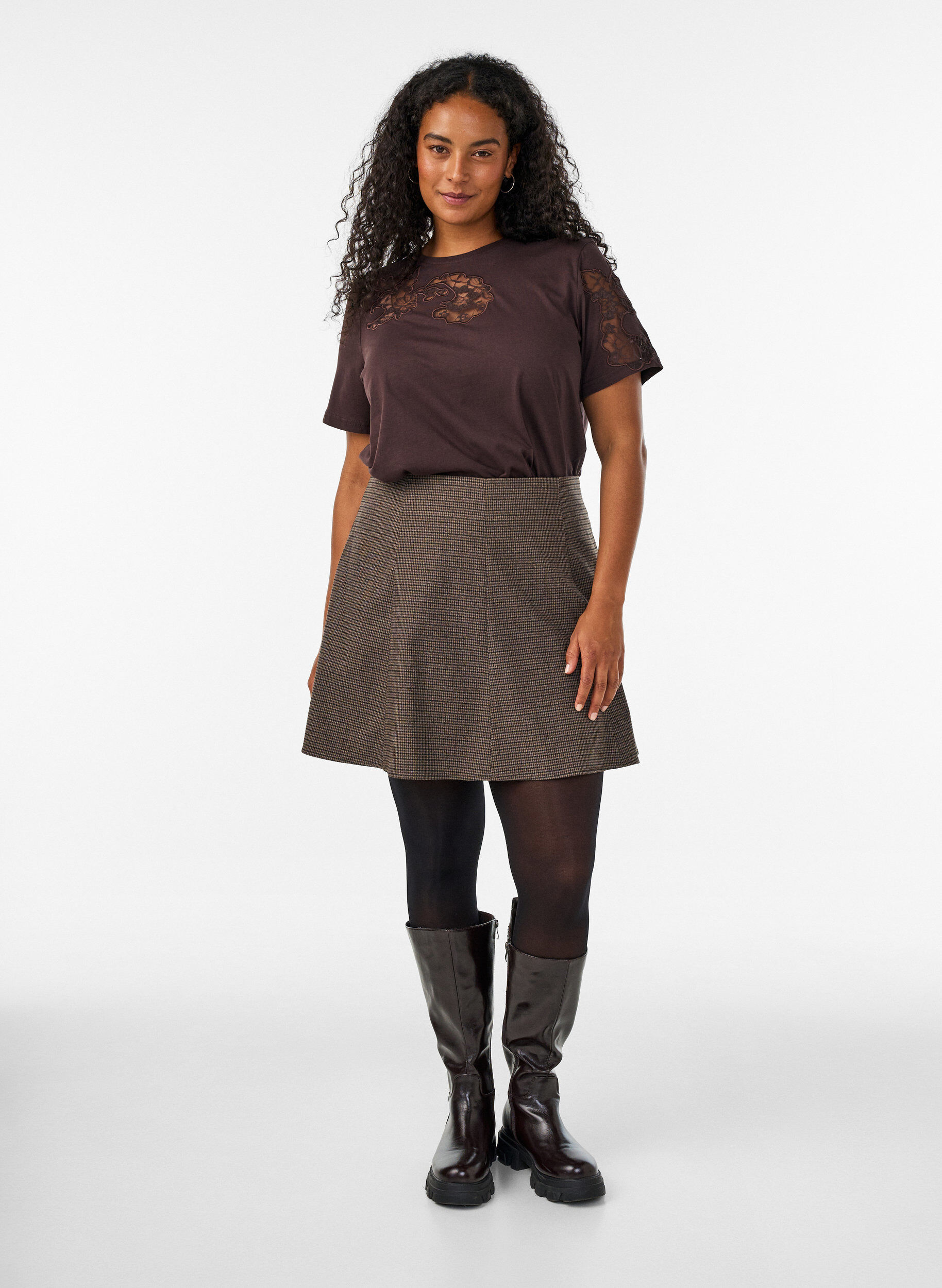 ZizzifashionSmall check A-line skirt, Brown, Model image number 1