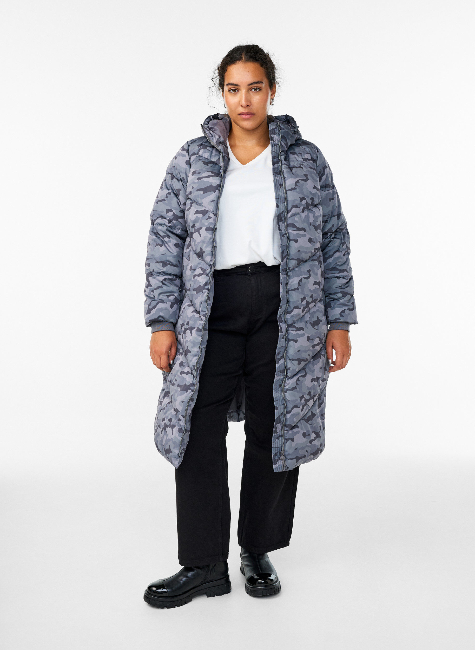 ZizzifashionLong camouflage puffer jacket, Dark Grey, Model image number 1