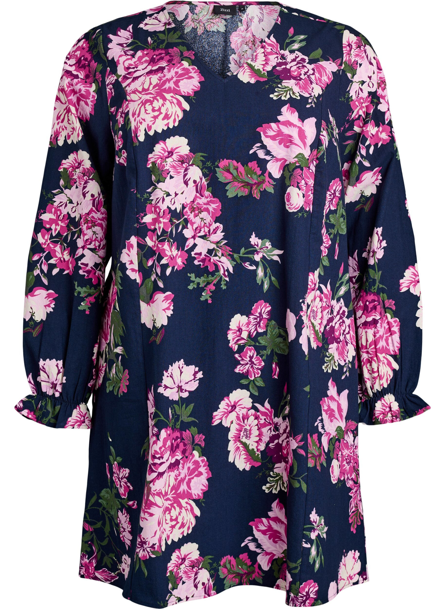 Short cotton dress with V-neck and long sleeves