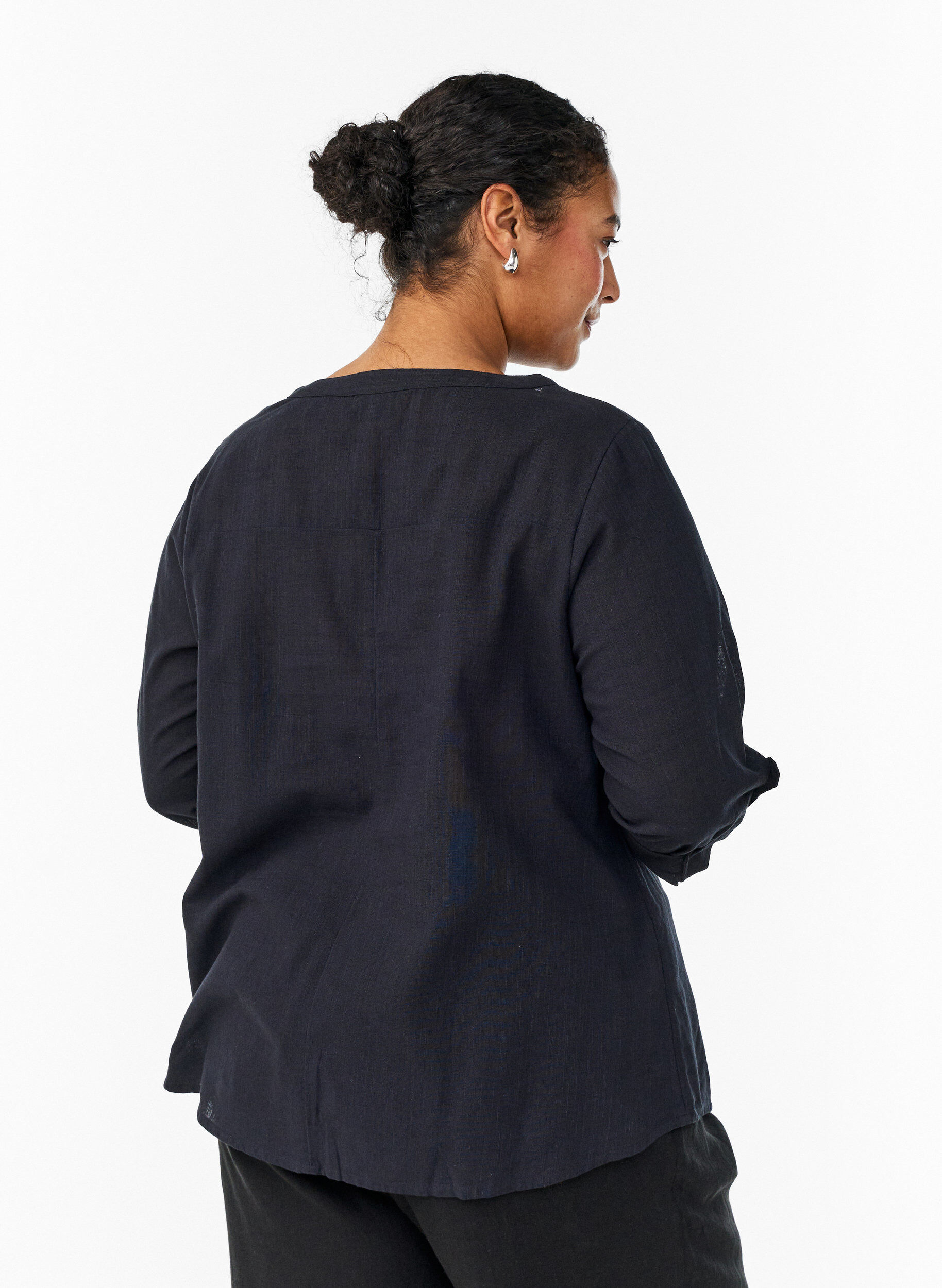 Zizzifashion Cotton shirt blouse with V-neck, Black, Model image number 2