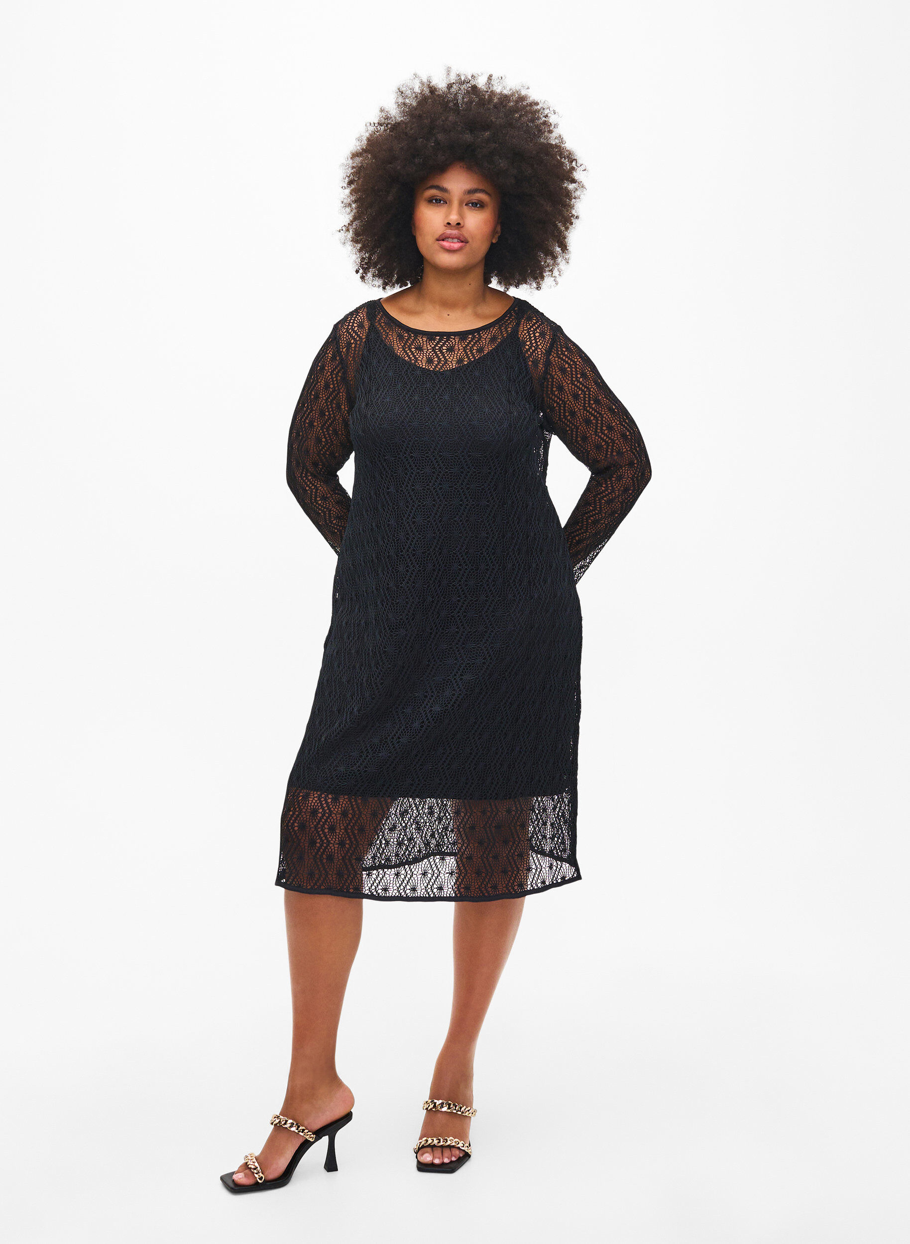 Zizzifashion Crochet dress with long sleeves, Black, Model image number 0