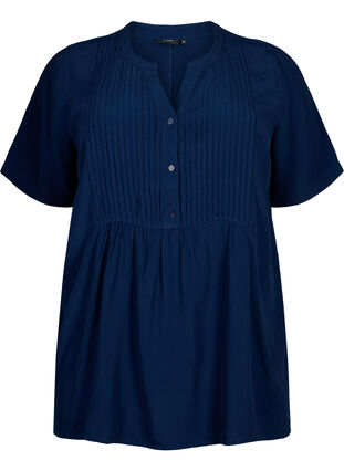 Viscose blouse with short sleeves and pleats, Navy Blazer, Packshot image number 0