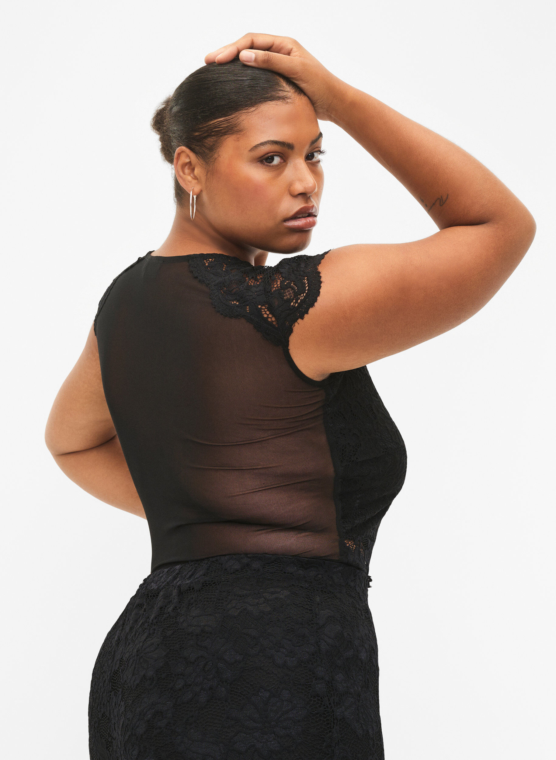 Zizzifashion Bodystocking with lace and v-neckline, Black, Model image number 1