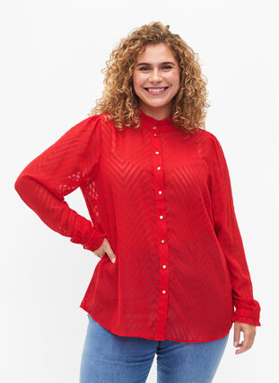 Shirt blouse with ruffles and patterned texture, Tango Red, Model image number 0
