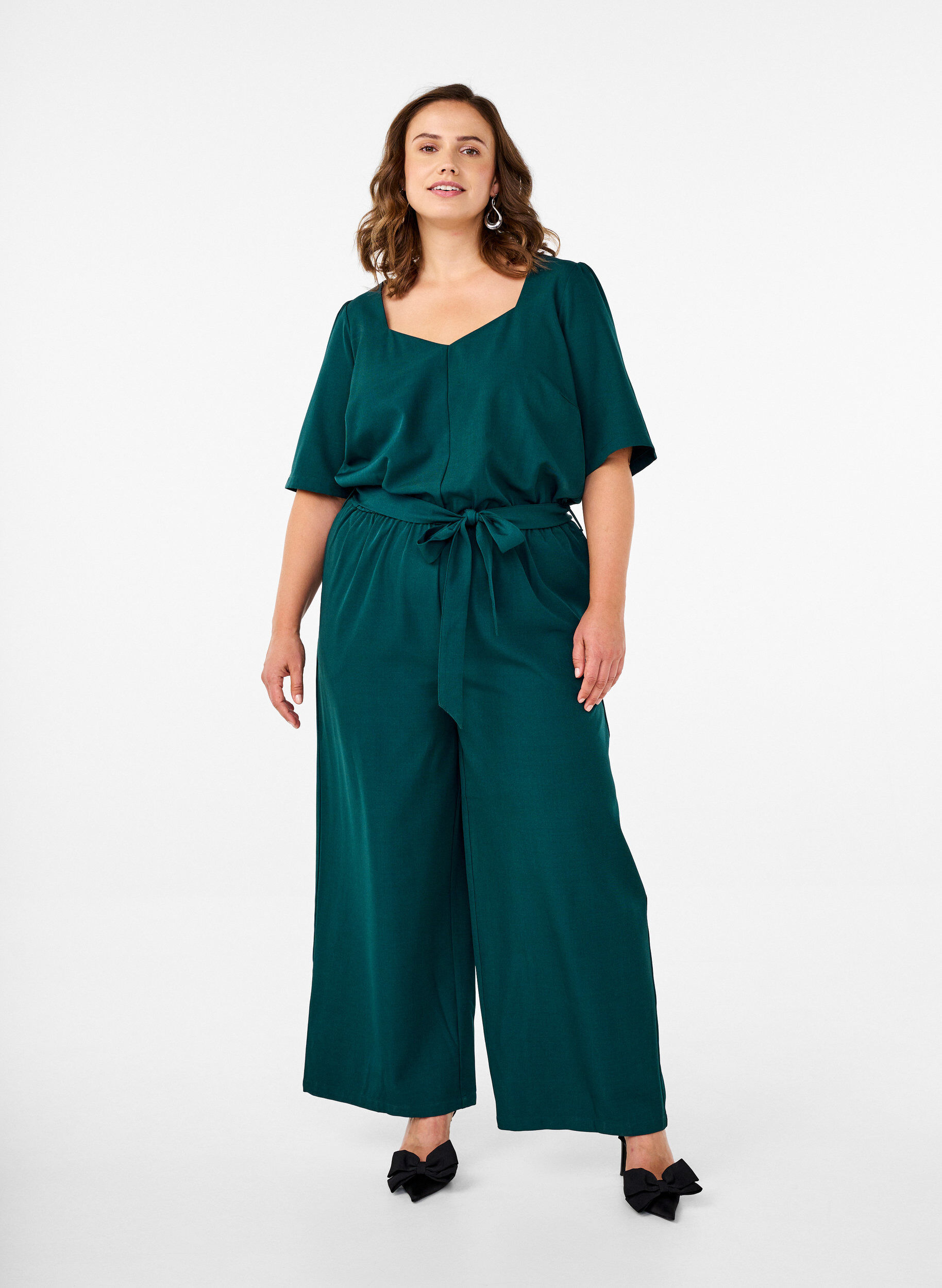 Zizzifashion Jumpsuit with belt and short sleeves, Sea Moss Melange, Model image number 0