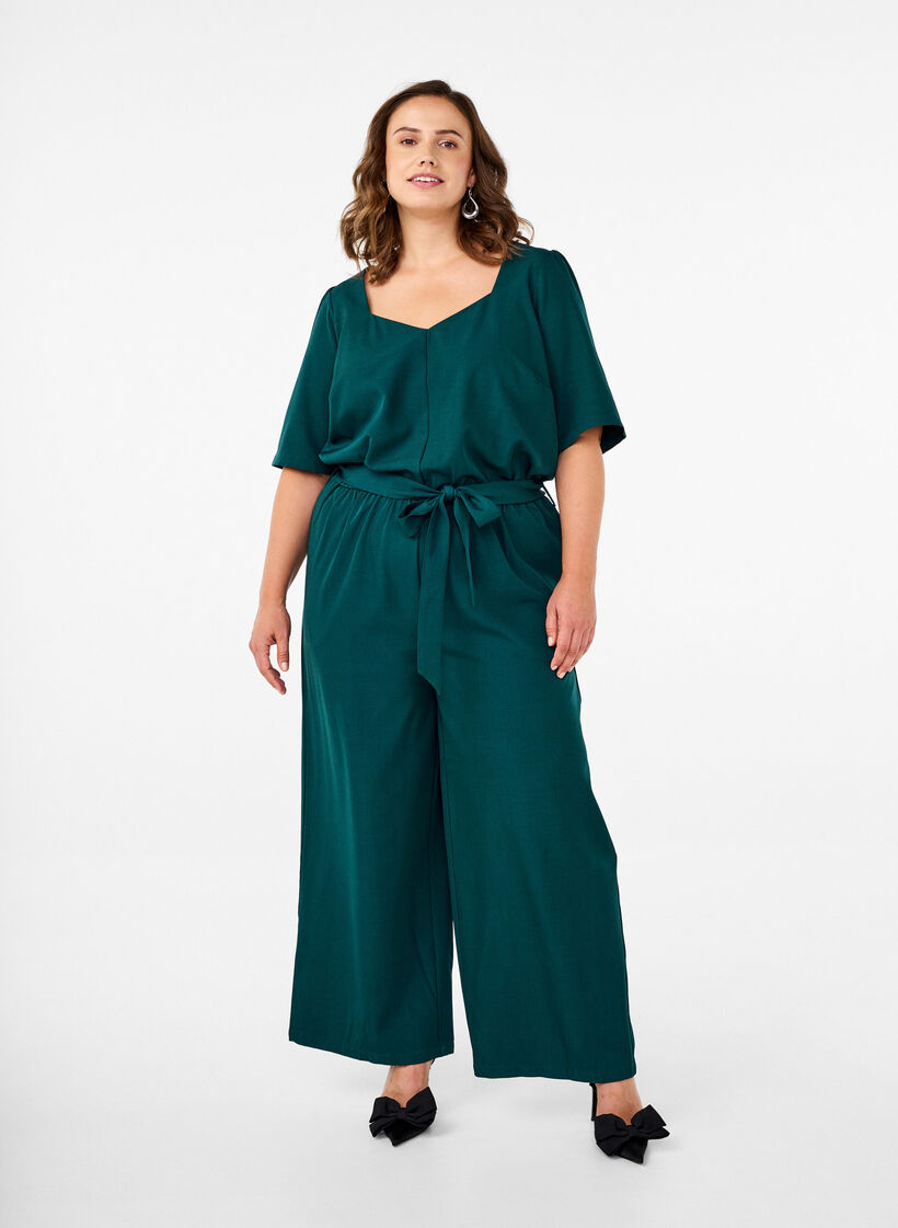 Jumpsuit with belt and short sleeves, Sea Moss Melange, Model image number 0