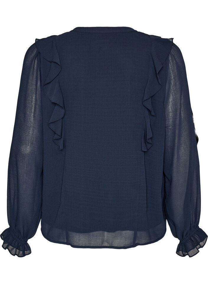 Sheer blouse with ruffles and tie-fastening, Blue, Packshot image number 1