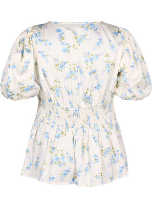 Floral satin blouse with puff sleeves, Off White Blue Fl., Packshot image number 1