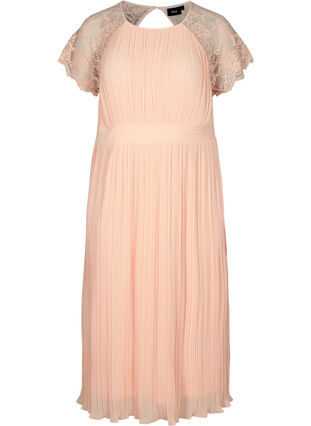 Short-sleeved pleated dress with lace and smock detail, Rose Smoke, Packshot image number 0