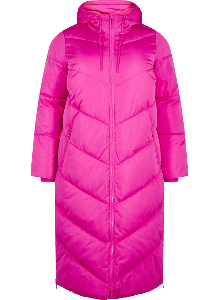 Long puffer coat with hood and pockets, Pink, Packshot image number 0