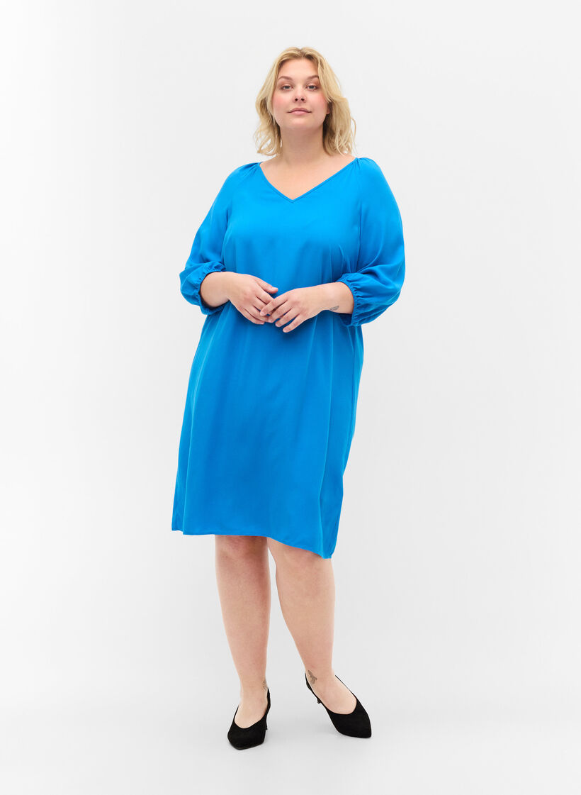 Viscose dress with v-neck, Indigo Bunting, Model image number 2