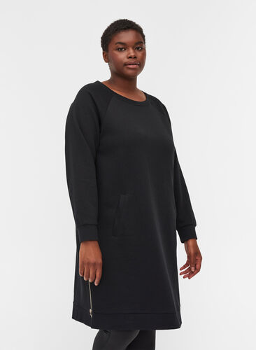 Sweat dress with pockets and slits, Black, Model image number 0
