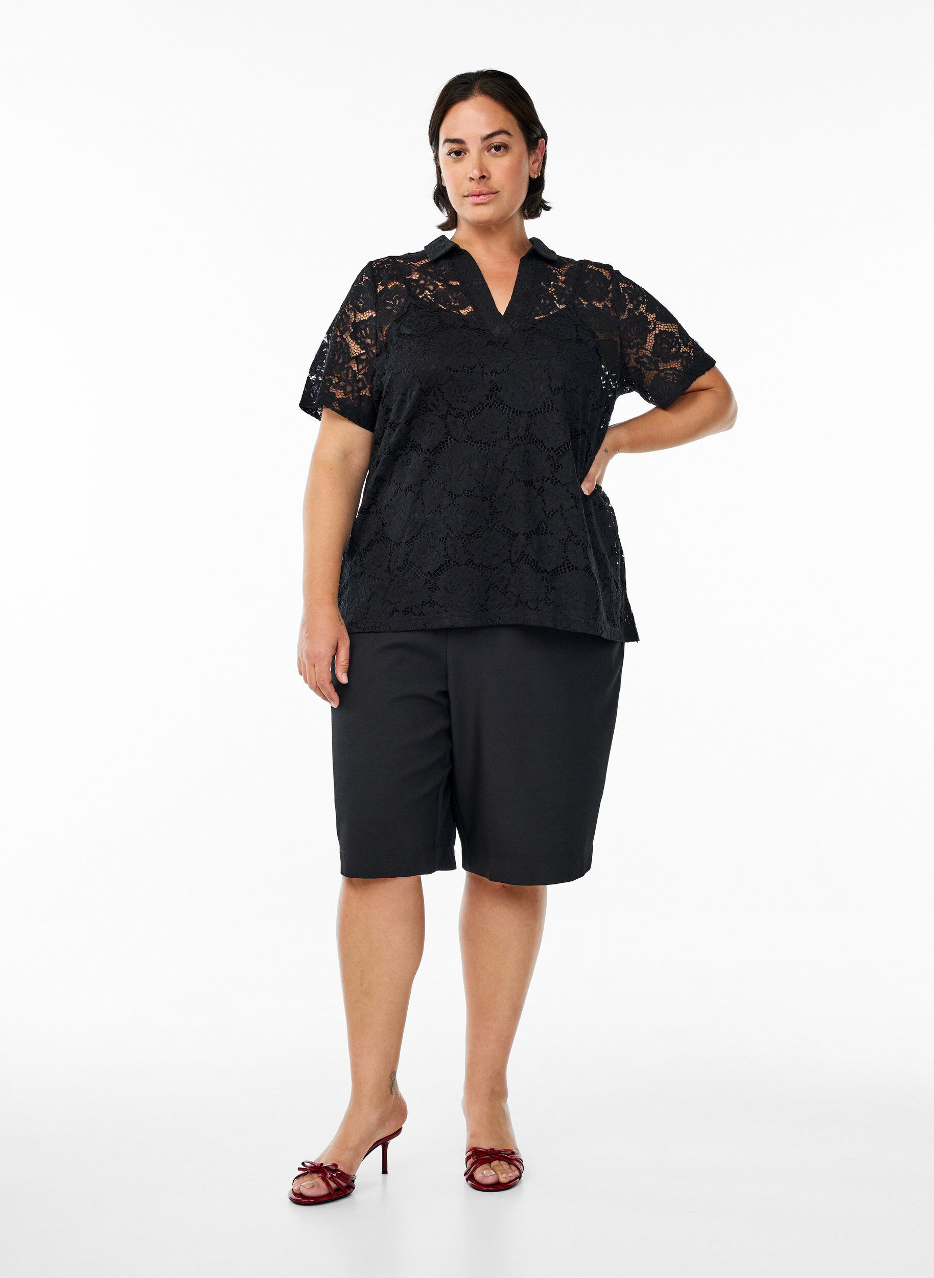 Zizzifashion Lace blouse with a collar and V-neck, Black, Model image number 1