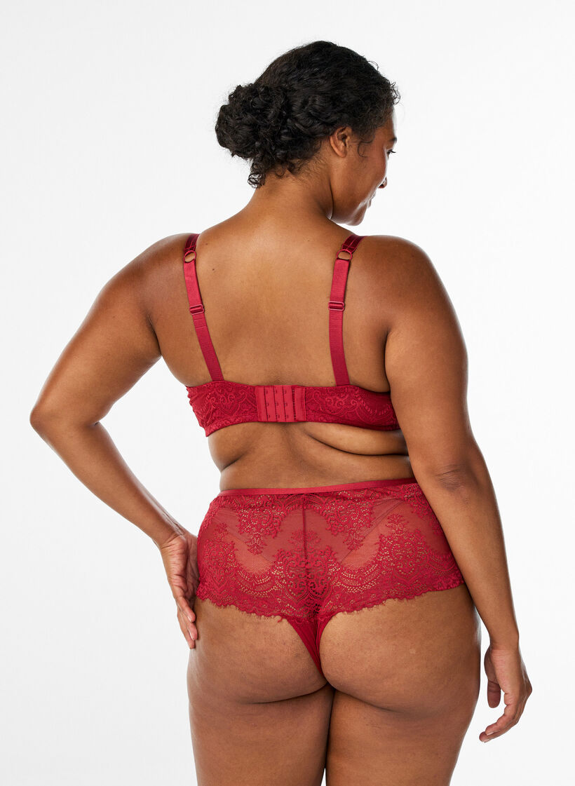 Lace hipster thong with an opening at the bottom, Red, Model image number 1