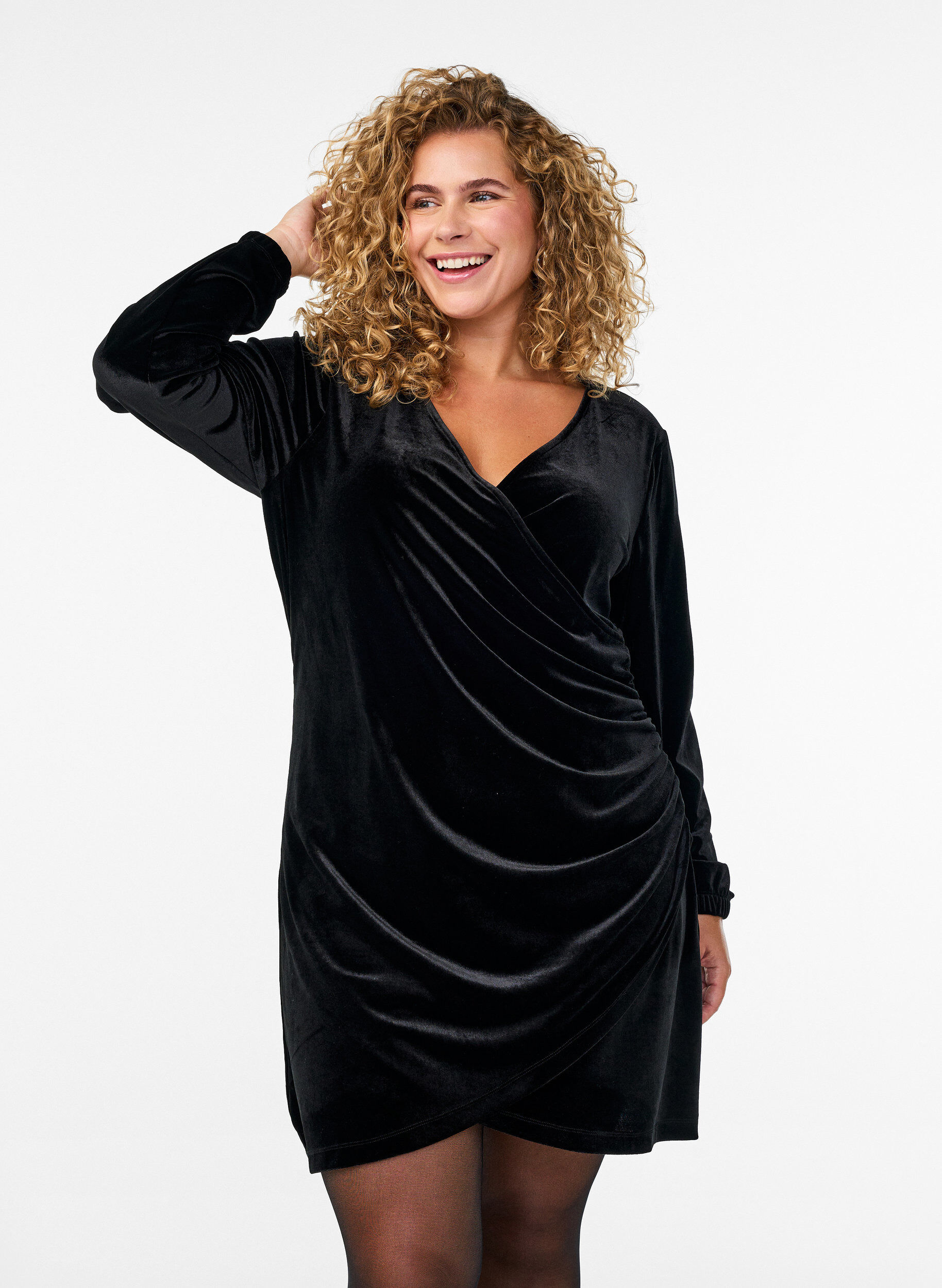 Short velour dress with wrap-effect, Black, Model