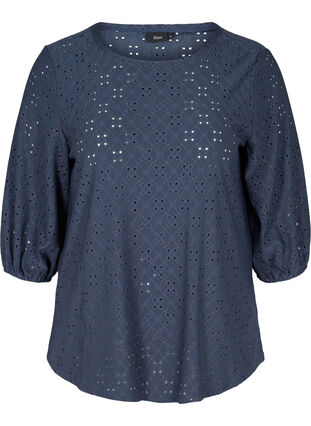 Blouse with 3/4-length sleeves and broderie anglaise, Mood Indigo, Packshot image number 0